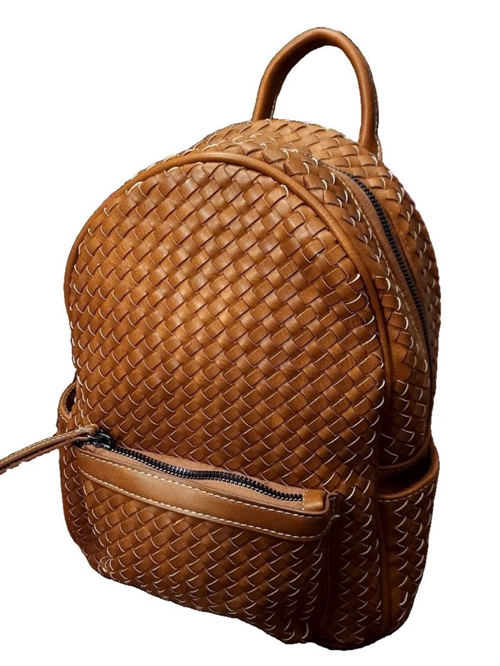 SHOMICO Handwoven Basketweave Design Brown Faux Leather Small Unisex Backpack
